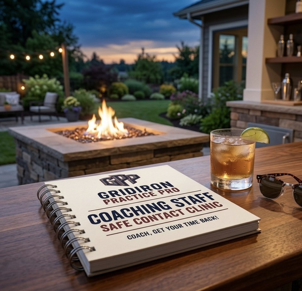 The Gridiron Practice Pro Coaching Staff Safe Contact Clinic guide on a patio table at dusk, beside a drink and a backyard fire pit